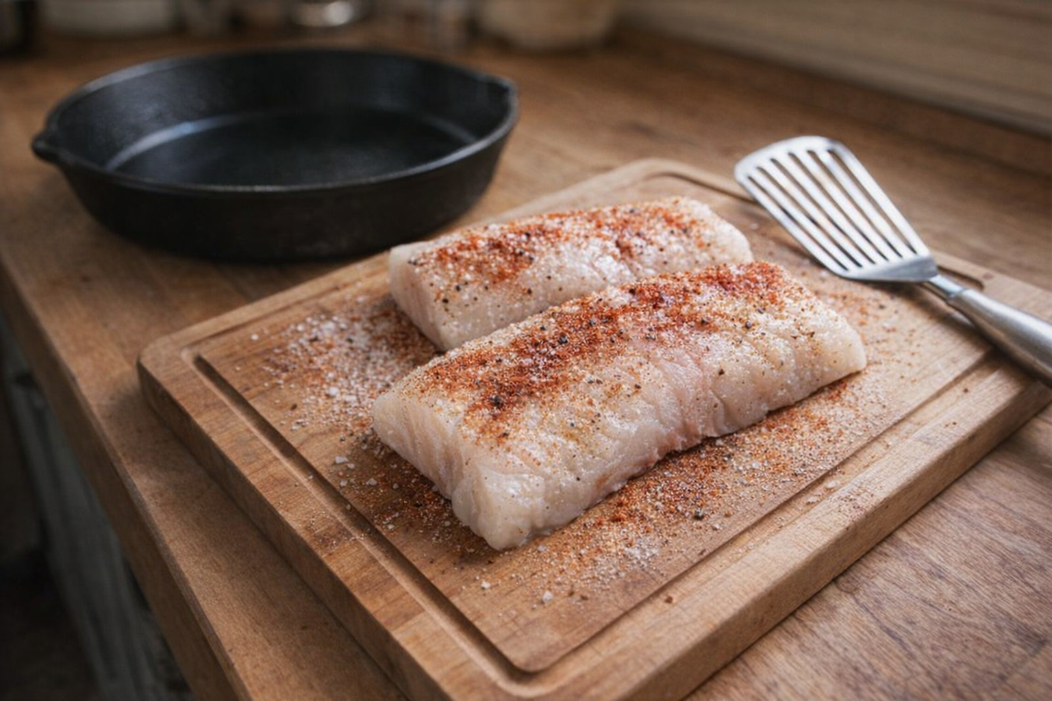 Raw cod fillets on a wooden cutting board, seasoned with salt, pepper, and paprika, next to a cast iron skillet and a fish spatula
